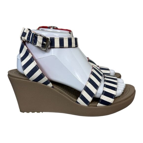 CROCS Navy and White Striped Wedges - Picture 1 of 9